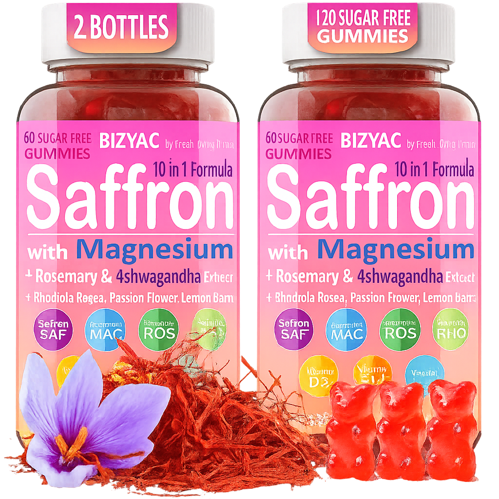 Saffron Supplements Gummies | 4 Months Supply | Saffron Extract | Magnesium Glycinate | Passion Flower | Ashwagandha | Rhodiola Rosea | Rosemary | Lemon Balm | Vitamin D3, B12, C | Sugar-Free | 2 Pack