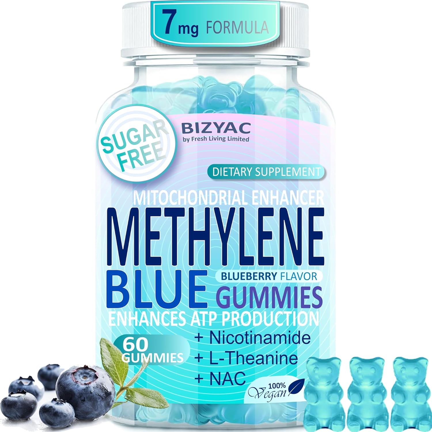 Methylene Blue Gummies 7mg 14mg, Methylene Blue for Humans Supplement w/NAC, VIT B3 & L-Theanine, Brain & Mitochondrial Support, Enhances Energy, Focus and Cognitive, Sugar Free, 60 Ct