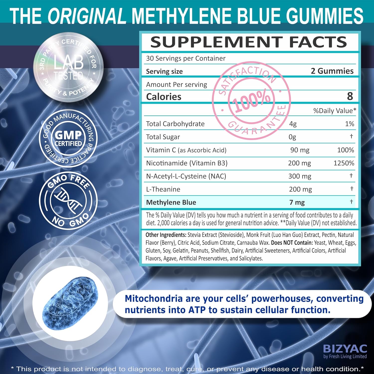 ethylene Blue Gummies 7mg 14mg, Methylene Blue for Humans Supplement w/NAC, VIT B3 & L-Theanine, Brain & Mitochondrial Support, Enhances Energy